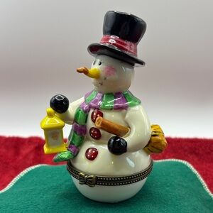 Snowman In Top Hat Holding Broom & Lantern Hinged Porcelain Trinket Box
